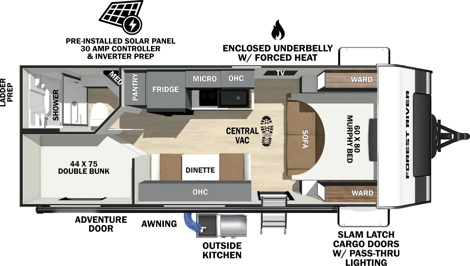 The Ibex 19MBH floorplan has one entry and zero slide outs. Exterior features include: fiberglass exterior and outside kitchen. Interiors features include: bunk beds and murphy bed.
